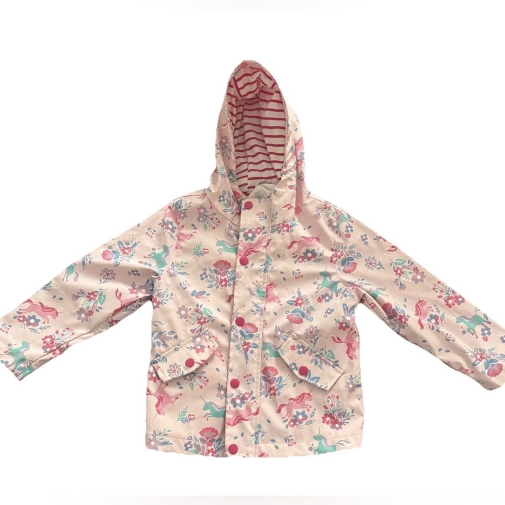 Unicorn Print Kids Lined Rain Jacket Size 4 Pink Flowers Pockets Berkley Jensen